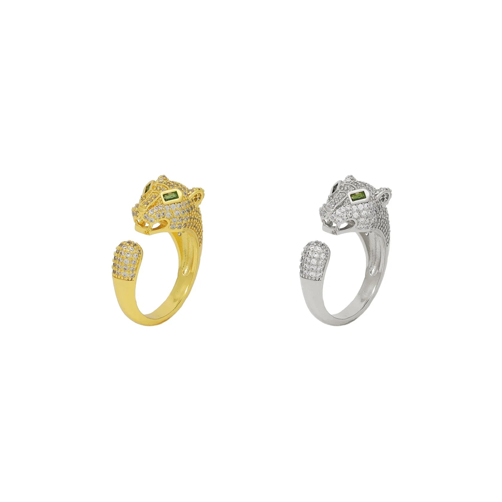 Anel Aberto Tigre Cravejado com Zircônia Cristal Verde Esmeralda
