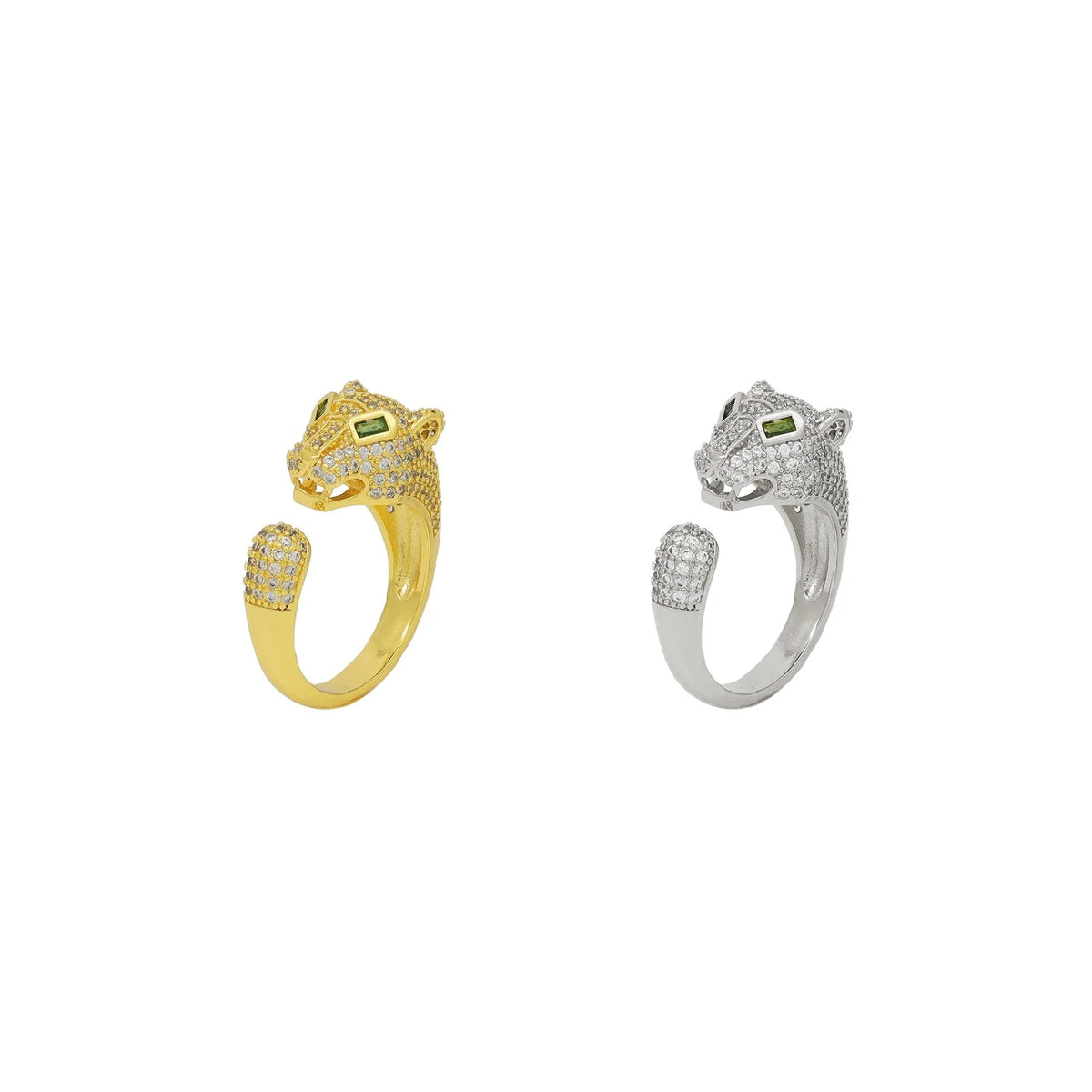 Anel Aberto Tigre Cravejado com Zircônia Cristal Verde Esmeralda