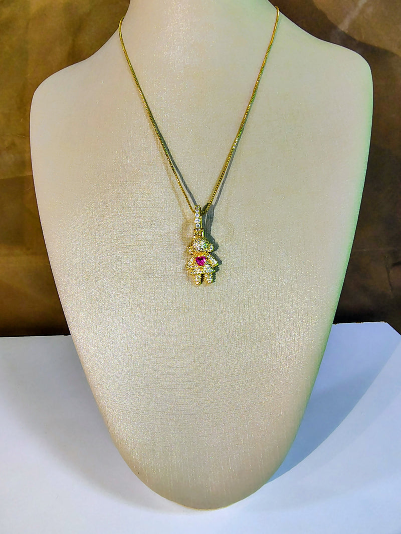 Colar Menina com Zircônias e Pedra de Coração Rosa Central